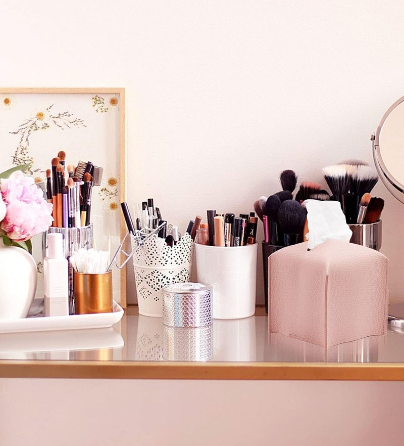 Livelab Tissue Box Cover Holder, Square Modern Decoration PU Leather Facial Tissues Case Roll Paper Dispenser for Bathroom Vanity Countertop, Night Stands, Office Desk Car 5X5X5'' | Pink - Image 4