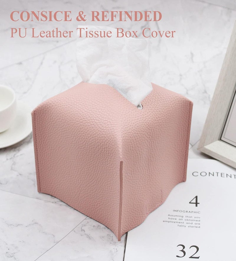 Livelab Tissue Box Cover Holder, Square Modern Decoration PU Leather Facial Tissues Case Roll Paper Dispenser for Bathroom Vanity Countertop, Night Stands, Office Desk Car 5X5X5'' | Pink - Image 2
