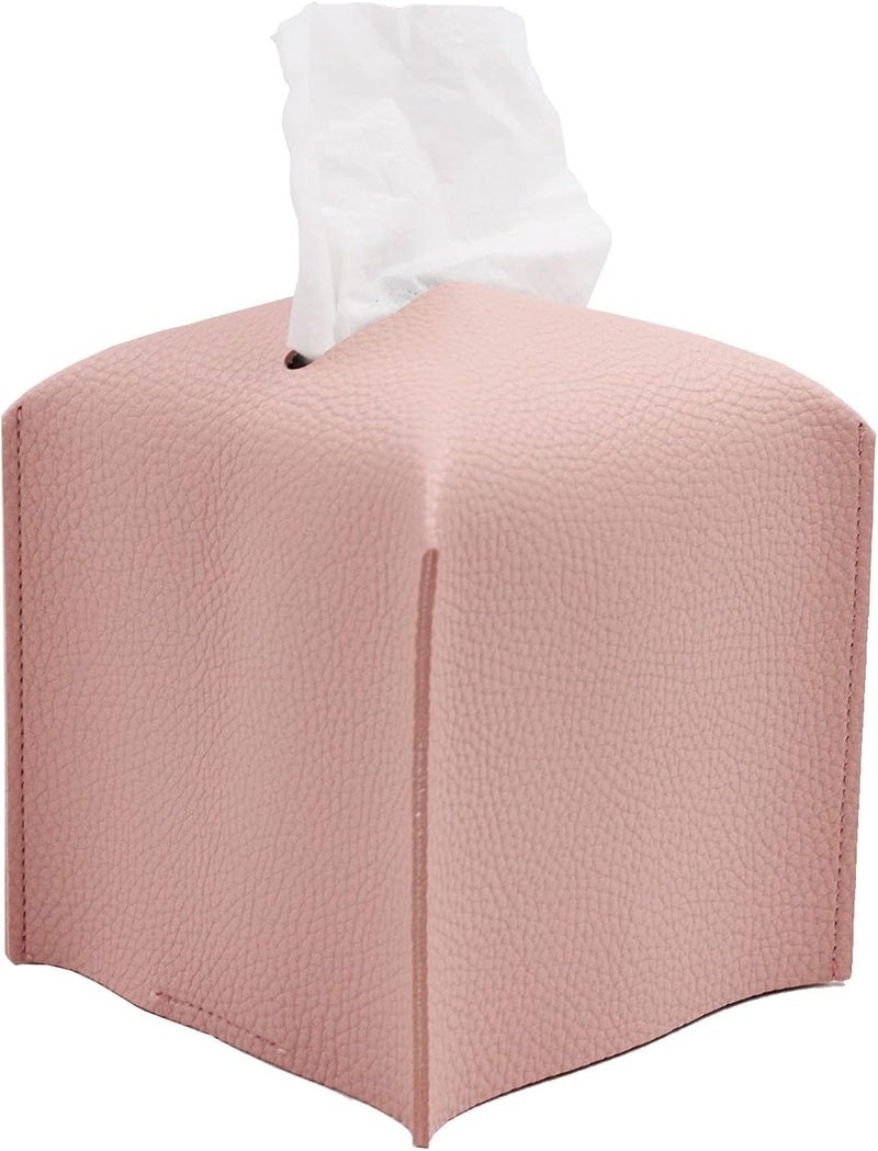 Livelab Tissue Box Cover Holder, Square Modern Decoration PU Leather Facial Tissues Case Roll Paper Dispenser for Bathroom Vanity Countertop, Night Stands, Office Desk Car 5X5X5'' | Pink - Image 1