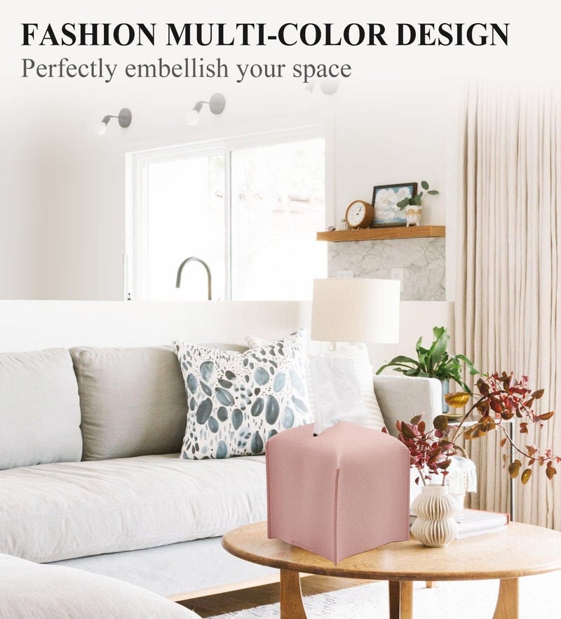 Livelab Tissue Box Cover Holder, Square Modern Decoration PU Leather Facial Tissues Case Roll Paper Dispenser for Bathroom Vanity Countertop, Night Stands, Office Desk Car 5X5X5'' | Pink - Image 3