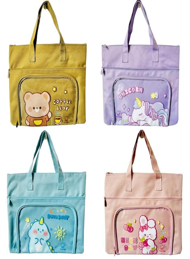 Fezeedi Cartoon Design Hand Bags,Canvas Carrying Hand Bag,Reusable Shopping Hand Bag, Tote Bag For Girls,Travel Bag with Handle Strap, Zipper Document Carry Bag For Office & Home - Image 1