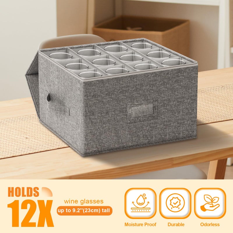 Kukikan صندوق تخزين كؤوس النبيذ كوككان 2-pack، حاويات زجاجات، قابلة للتكديس مع جوانب علوية صلبة وسفلية، مستلزمات نقل، حاويات تخزين صينية لـ 24 كأس كريستال 9.2 بوصة، رمادي - Image 3