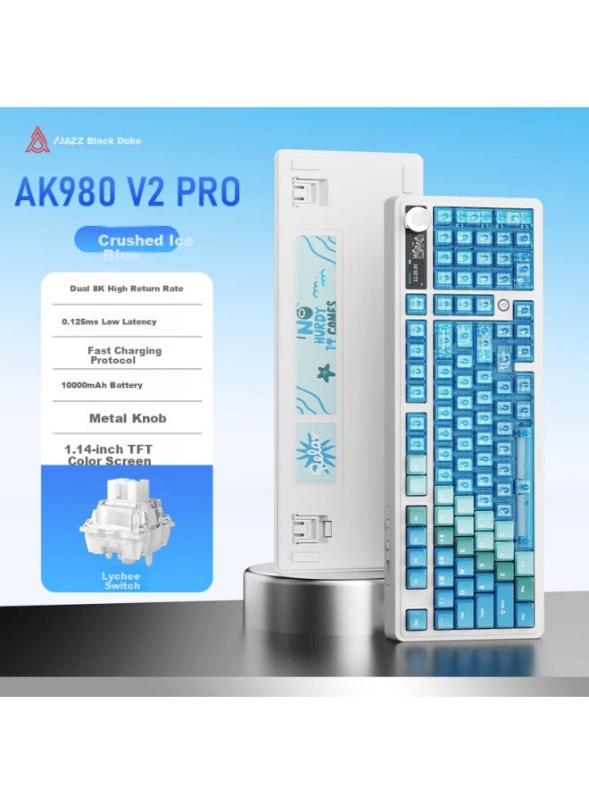 A-jazz Ajazz Ak980v2pro Tri-mode Wireless Mechanical Keyboard 10000mah Battery Gasket Design Hot-swappable Keys 2u Rotary K Tft Color Screen Rgb Gradient Blue Transparent Litchi Switch - Image 1