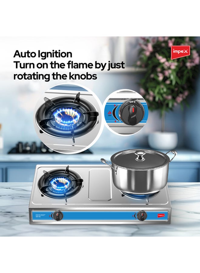 Impex 2-Burner Stainless Steel Gas Stove- Aesthetically Designed, High Impact Stainless Steel Body, Spill Tray for Cleanliness, High-Efficiency Blue Flame, Auto Ignition Knobs, 2-Year Warranty IGS 124 Silver - Image 3
