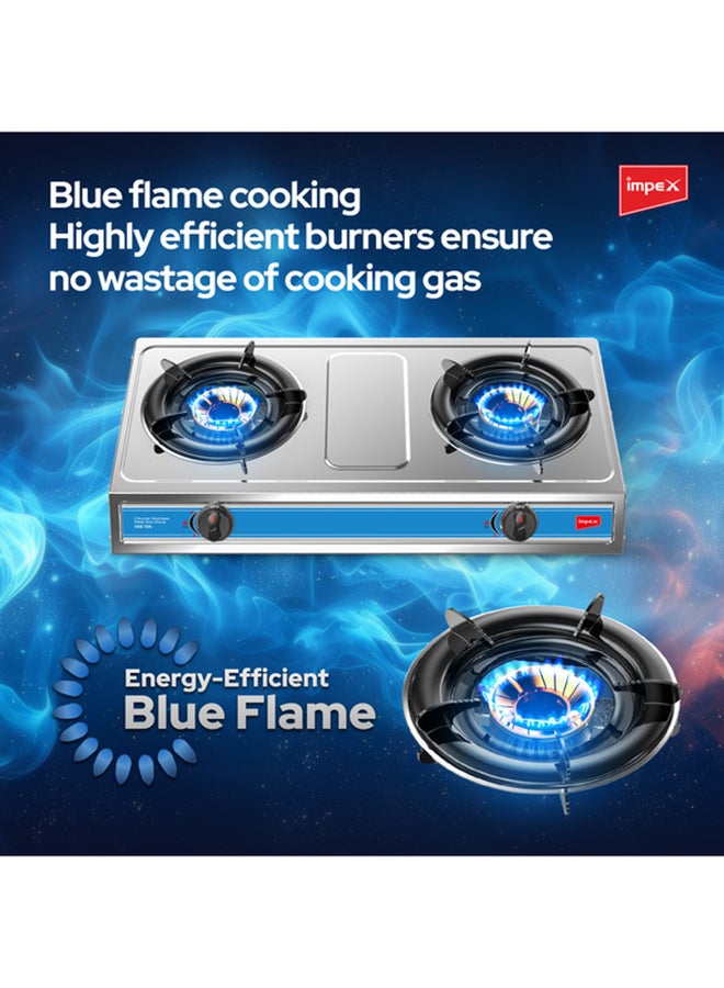 Impex 2-Burner Stainless Steel Gas Stove- Aesthetically Designed, High Impact Stainless Steel Body, Spill Tray for Cleanliness, High-Efficiency Blue Flame, Auto Ignition Knobs, 2-Year Warranty IGS 124 Silver - Image 4