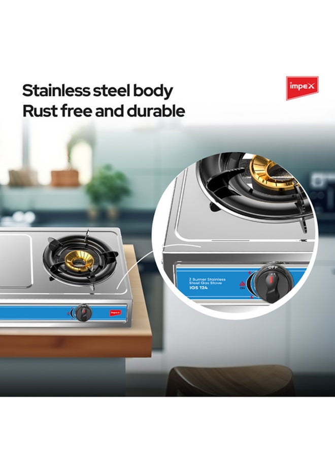 Impex 2-Burner Stainless Steel Gas Stove- Aesthetically Designed, High Impact Stainless Steel Body, Spill Tray for Cleanliness, High-Efficiency Blue Flame, Auto Ignition Knobs, 2-Year Warranty IGS 124 Silver - Image 2