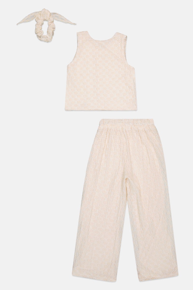 Willow & Whistle Kids Girl 3 Pcs Eyelet Top And Trouser With Scrunchie Set, Cream - Image 2