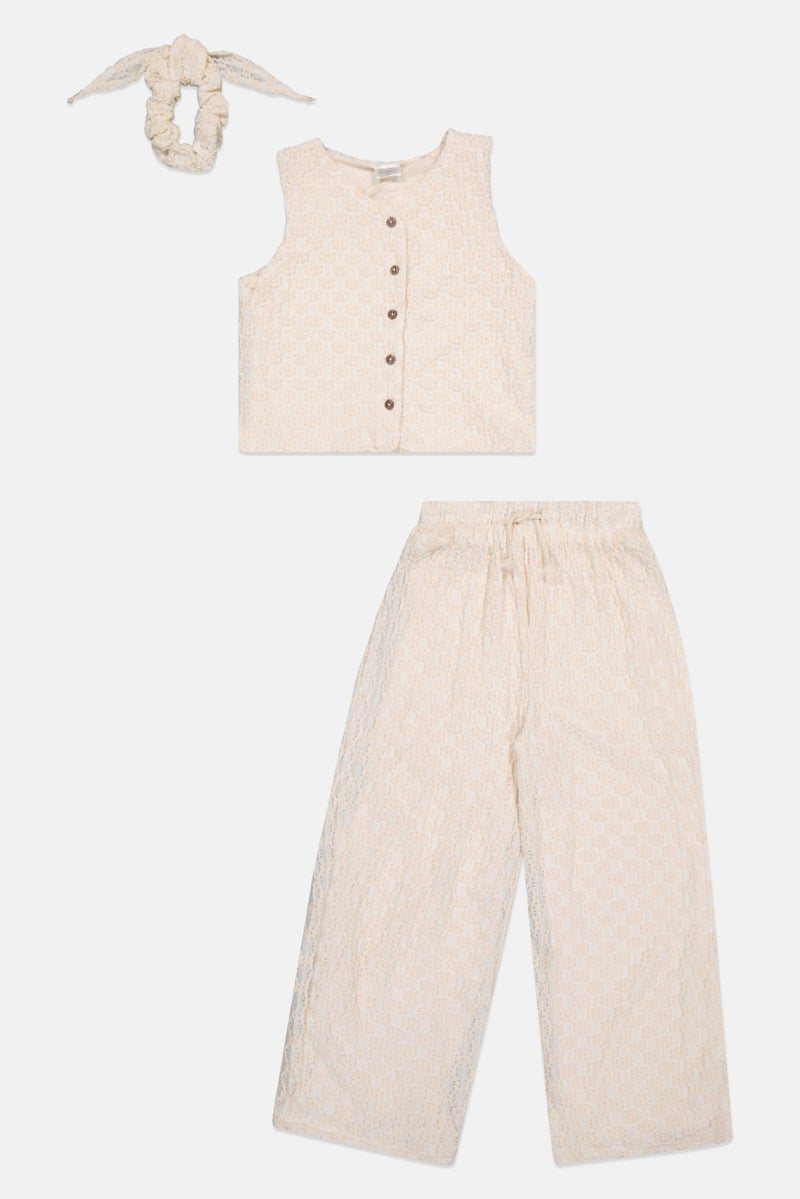 Willow & Whistle Kids Girl 3 Pcs Eyelet Top And Trouser With Scrunchie Set, Cream - Image 3