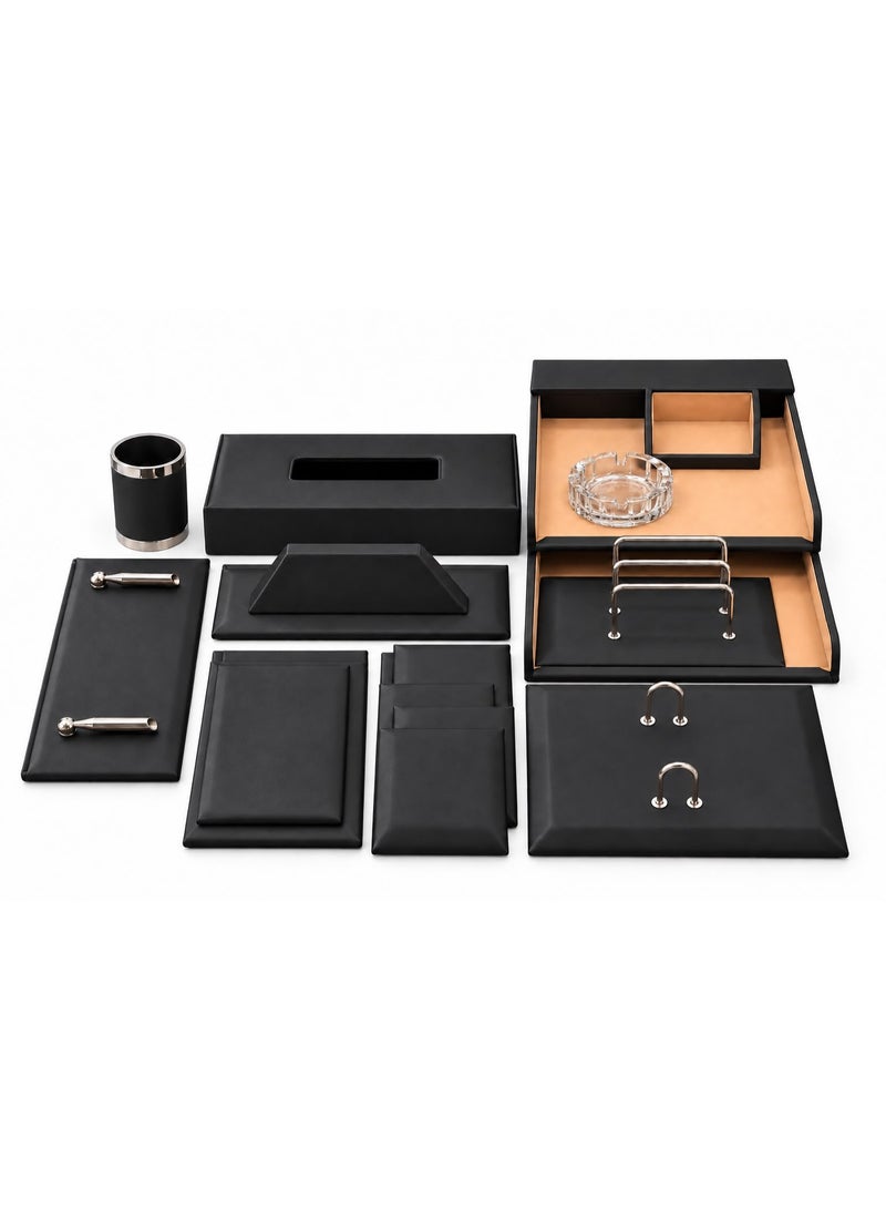 Black Multi-Piece Executive Desk Organizer Set, Leather Design, with Document Organizer and Business Card Holder - Image 1