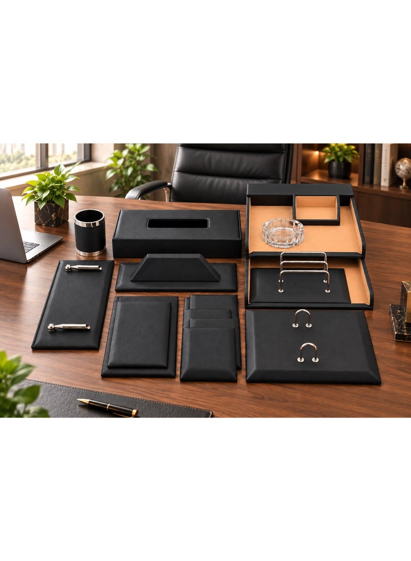 Black Multi-Piece Executive Desk Organizer Set, Leather Design, with Document Organizer and Business Card Holder - Image 2