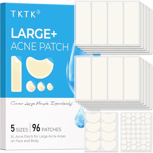 TKTK Large Hydrocolloid Bandages, XL Pimple Patches for Face 60 x 20 mm, Big Hydrocolloid Patches for Body, Forehead, Chin, Neck Zit Breakouts, Acne Patch (Strip, Contoured, Dot 5 Sizes 96 Count) - Image 1