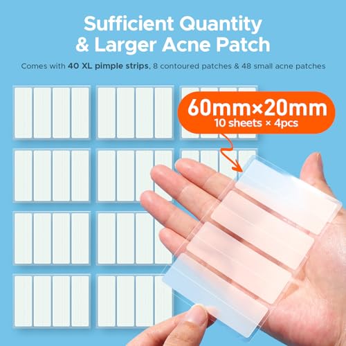 TKTK Large Hydrocolloid Bandages, XL Pimple Patches for Face 60 x 20 mm, Big Hydrocolloid Patches for Body, Forehead, Chin, Neck Zit Breakouts, Acne Patch (Strip, Contoured, Dot 5 Sizes 96 Count) - Image 2