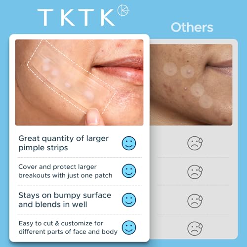 TKTK Large Hydrocolloid Bandages, XL Pimple Patches for Face 60 x 20 mm, Big Hydrocolloid Patches for Body, Forehead, Chin, Neck Zit Breakouts, Acne Patch (Strip, Contoured, Dot 5 Sizes 96 Count) - Image 5