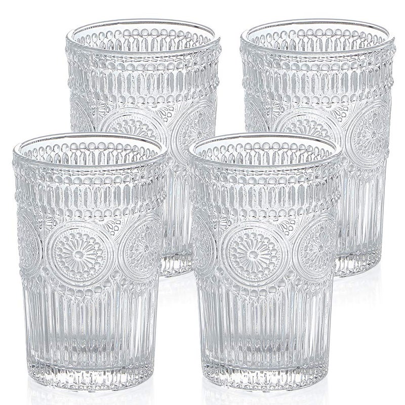 MDLUU Embossed Water Glasses Romantic Glassware Vintage Drinking Glasses Glass Tumblers for Juice Beverages Cocktail Capacity 125oz370ml Set of 4