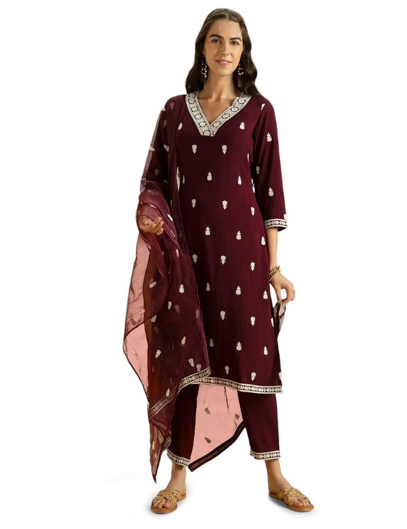 Kaari Women's Embroidered Kurta Set with Dupatta - Straight Fit | Embroidered Neck-line | Organza Dupatta with all-over Booti Work & Lace Hem | Straight Pant with Side Pocket | Kurta Set For Women - Image 4