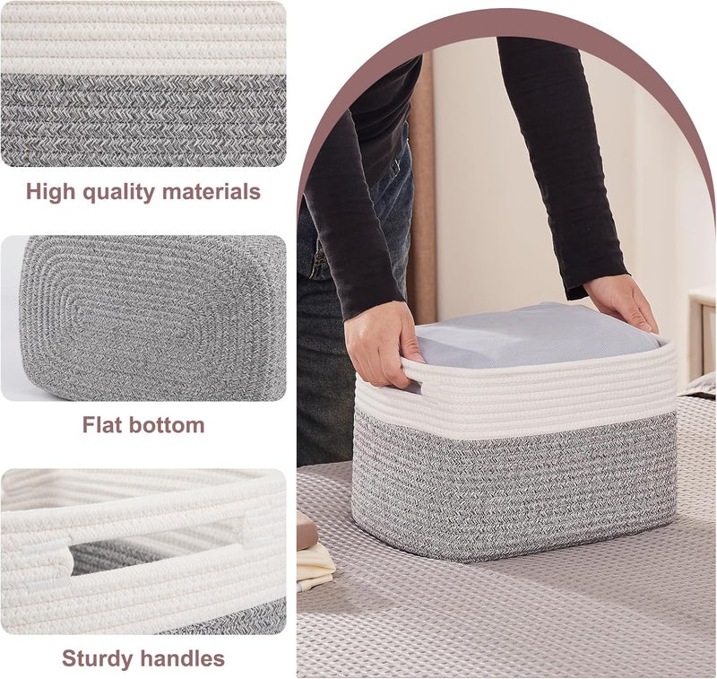 OIAHOMY 4 Pack Storage Baskets for Organizing, Basket for Shelves with Handle, Woven Baskets for Storage Toys, Towels, Books, Cotton Rope Basket 13" L x 9 " W x 7.8 " H, Grey & White - Image 3