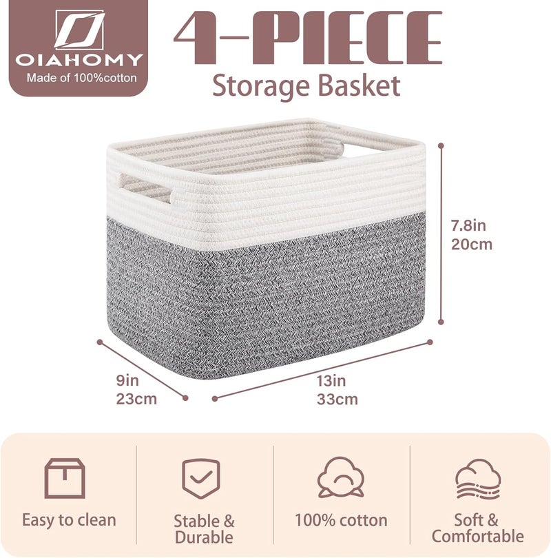 OIAHOMY 4 Pack Storage Baskets for Organizing, Basket for Shelves with Handle, Woven Baskets for Storage Toys, Towels, Books, Cotton Rope Basket 13" L x 9 " W x 7.8 " H, Grey & White - Image 2