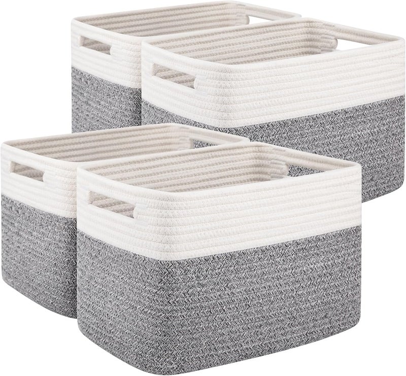 OIAHOMY 4 Pack Storage Baskets for Organizing, Basket for Shelves with Handle, Woven Baskets for Storage Toys, Towels, Books, Cotton Rope Basket 13" L x 9 " W x 7.8 " H, Grey & White - Image 1