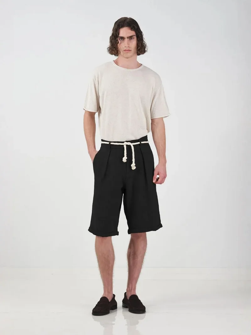 Giesto Black GIESTO Wide Leg Mid Waist Shorts with Tie Detail for Men | Best Price UAE