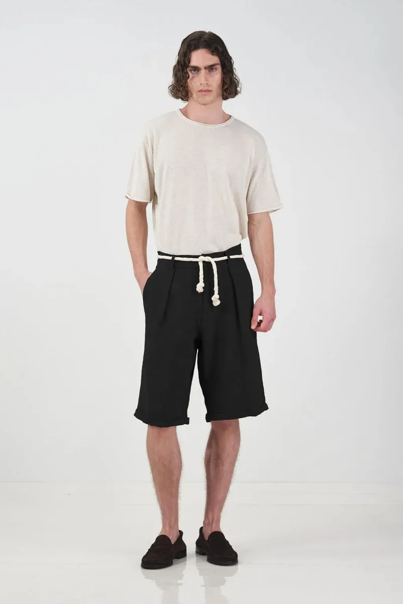 Giesto Black GIESTO Wide Leg Mid Waist Shorts with Tie Detail for Men | Best Price UAE
