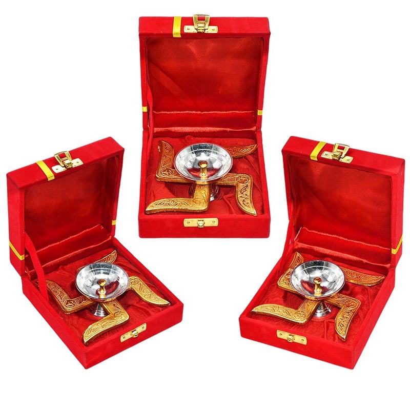 Saugat Traders Wedding Return Gift for Guest Pack of 3 Swastik Diya with Velvet Gift Box for Family Friends Bulk Return Gifts for Marriage Housewarming New Year - Image 1