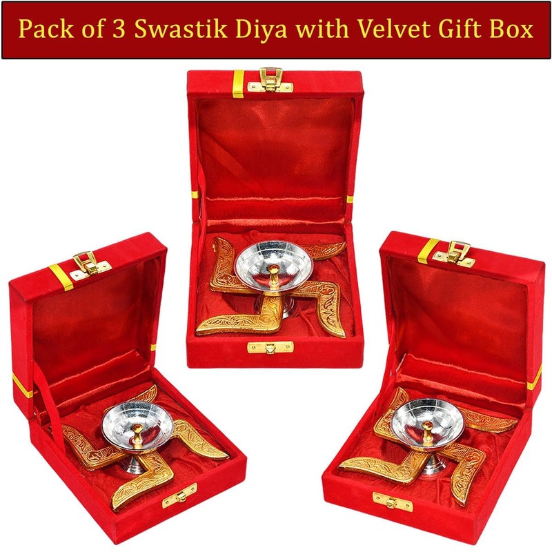 Saugat Traders Wedding Return Gift for Guest Pack of 3 Swastik Diya with Velvet Gift Box for Family Friends Bulk Return Gifts for Marriage Housewarming New Year - Image 2