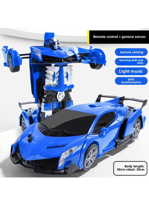 Gesture Induction Deformation Remote Control Car Children's Large Charging Racing King Kong Robot Boy Voice Control Toy-Color:Upgraded 2 Sets Of Batteries (90 Minutes Of Battery Life + Lifetime Warranty + Remote Control Screwdriver) - Extra Large 38cm - Blue + Lambo [remote Control + Gesture Sensor]