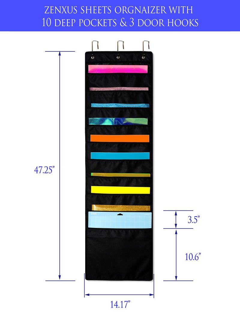 ZENXUS Hanging Organizer, 12x12 Paper Storage, Deep Pocket Vinyl Holder, for Cardstock, Scrapbook, Craft Paper, Cut Mat, 3 Door Hooks Included - Image 2
