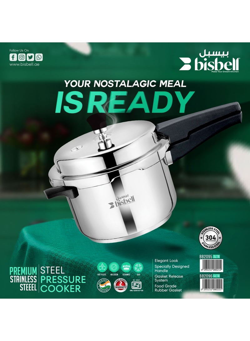 Bisbell 5Liters 5 Ltr Pressure Cooker|Stainless Steel Induction Compatible Cooker|4.5 mm Thick Alpha Base|Sturdy Handles| BB2096 Silver - Image 1