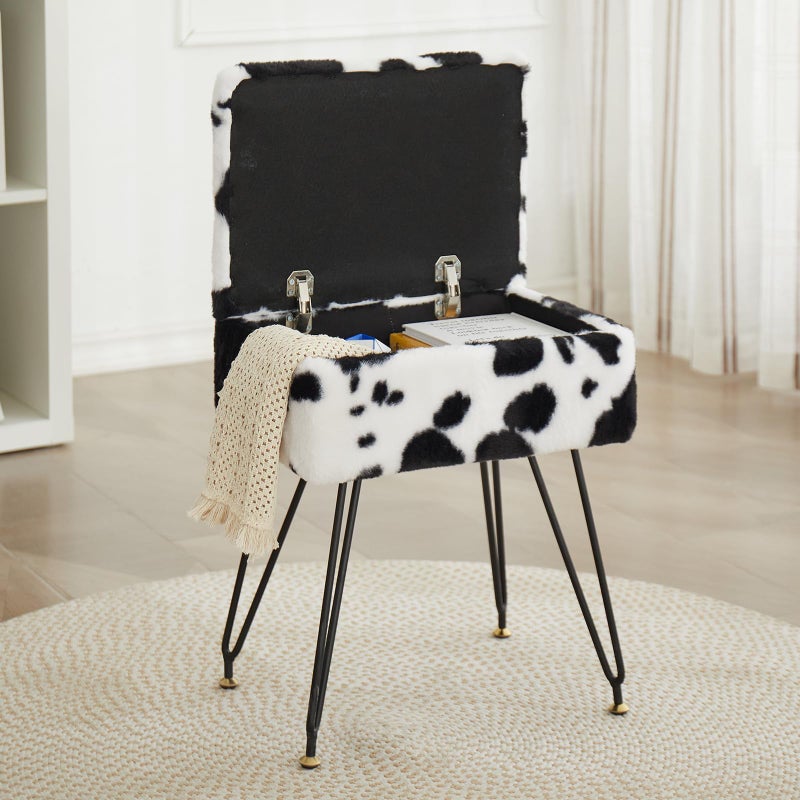 Leesingdo Vanity Stool Chair, Faux Fur Ottoman Foot Stool with Metal Legs & Adjustable Black Feet, Flip Top Storage Makeup Stool with Soft Padded Seat, Foot Rest for Makeup Room Bedroom, Cow - Image 1