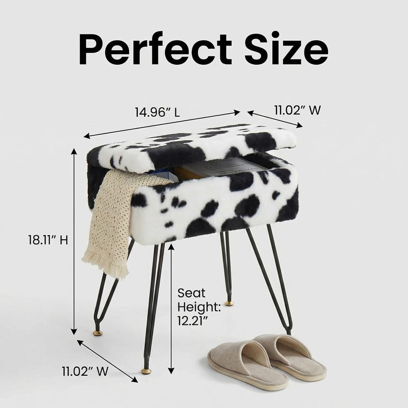 Leesingdo Vanity Stool Chair, Faux Fur Ottoman Foot Stool with Metal Legs & Adjustable Black Feet, Flip Top Storage Makeup Stool with Soft Padded Seat, Foot Rest for Makeup Room Bedroom, Cow - Image 3