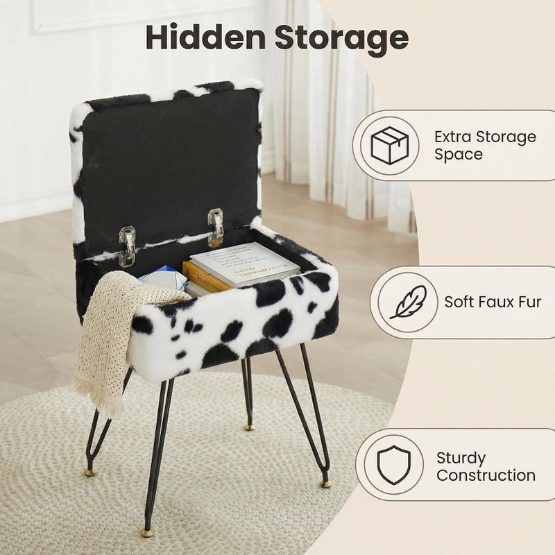 Leesingdo Vanity Stool Chair, Faux Fur Ottoman Foot Stool with Metal Legs & Adjustable Black Feet, Flip Top Storage Makeup Stool with Soft Padded Seat, Foot Rest for Makeup Room Bedroom, Cow - Image 5