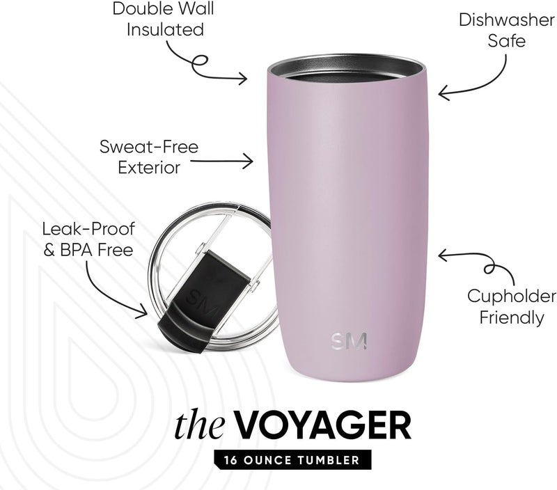 Travel Coffee Mug Tumbler with Flip Lid | Reusable Insulated Stainless Steel Cold Brew Iced Coffee Cup Thermos | Gifts for Women Men Him Her | Voyager Collection | 16oz | Lavender Mist - Image 2
