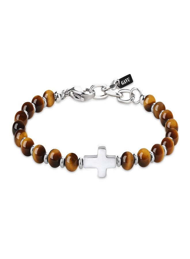 GAVU Tiger eye Bracelet for Men, Mens Cross Bracelet, Crystal Beaded Bracelet Men - Image 1