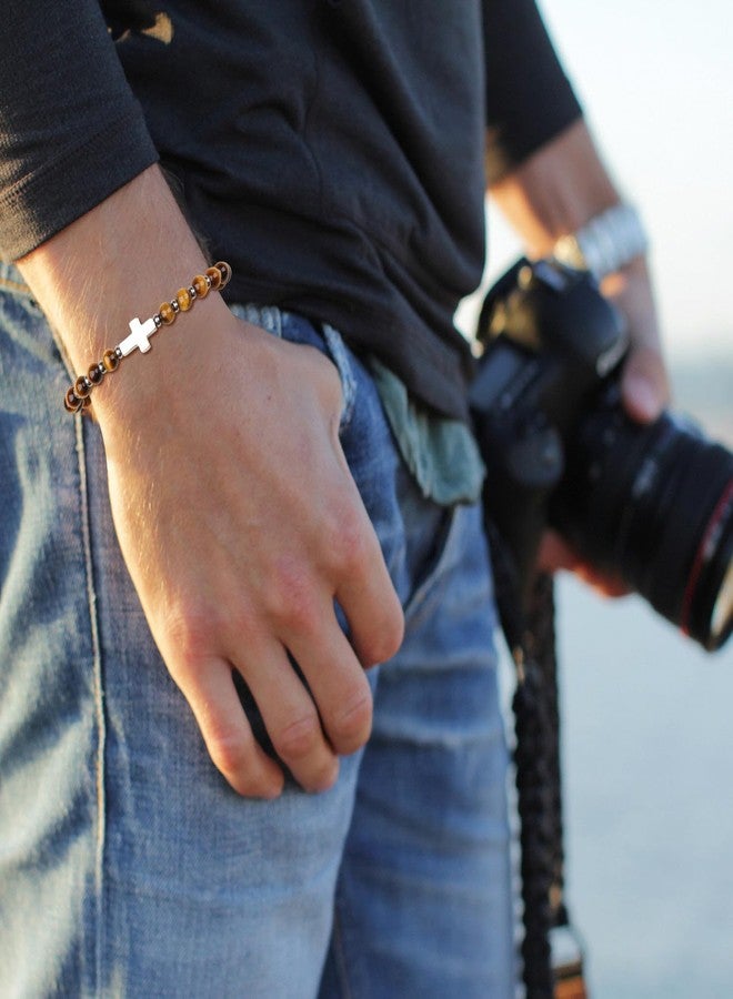 GAVU Tiger eye Bracelet for Men, Mens Cross Bracelet, Crystal Beaded Bracelet Men - Image 2