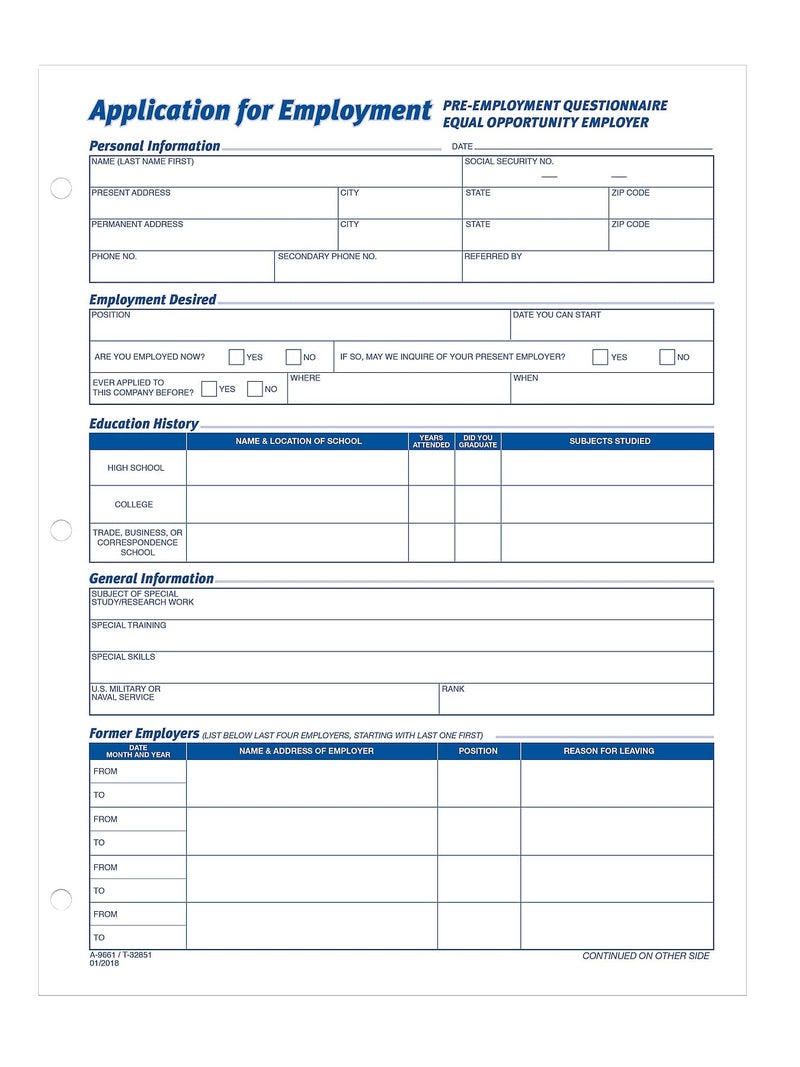 Adams TOPS 8 1/2 x 11 Inch Employee Application 50 Sheet Pads, 2 Pack (32851) - Image 1