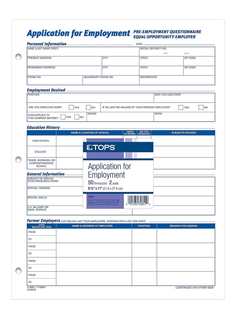 Adams TOPS 8 1/2 x 11 Inch Employee Application 50 Sheet Pads, 2 Pack (32851) - Image 2