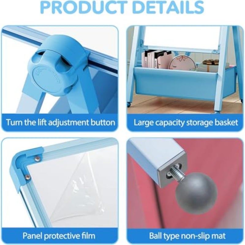 360° Rotation Magnetic Easel Whiteboard and Chalkboard, 45 * 60cm Height Adjustable Dry Erase Board with Storage Bag, Foldable Art Easel for Boys ＆ Girls Drawing, Doodling, Writing blue black - Image 3