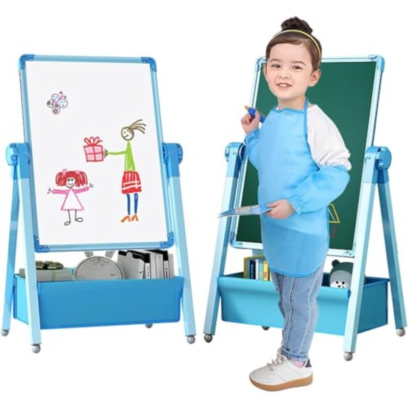 360° Rotation Magnetic Easel Whiteboard and Chalkboard, 45 * 60cm Height Adjustable Dry Erase Board with Storage Bag, Foldable Art Easel for Boys ＆ Girls Drawing, Doodling, Writing blue black - Image 1