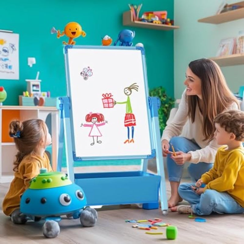 360° Rotation Magnetic Easel Whiteboard and Chalkboard, 45 * 60cm Height Adjustable Dry Erase Board with Storage Bag, Foldable Art Easel for Boys ＆ Girls Drawing, Doodling, Writing blue black - Image 4