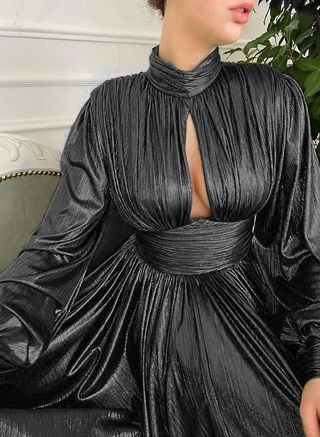 NIBEMINENT Women's Evening Party Night Prom Dress Metal Color Stand Hollow Out Long Lantern Sleeve Pleated A Line Maxi Dress - Image 1