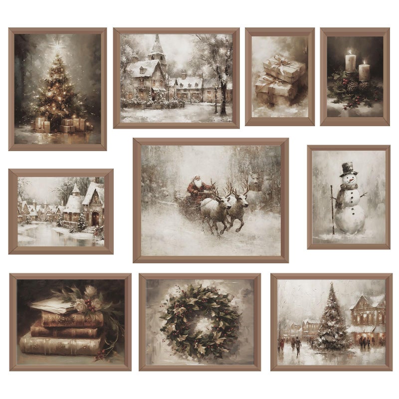 Whaline 10Pcs Christmas Vintage Wall Art Prints Retro Xmas Tree Santa Snowman Paper Posters Winter Rustic Picture Decoration For Party Gallery Living Room Office Unframed