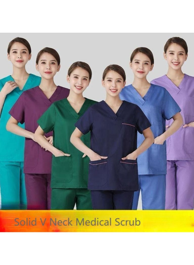 طقم ملابس طبية سادة برقبة على شكل حرف V، بلوزة وبنطلون طبي مطاطي متباين اللون - Image 3