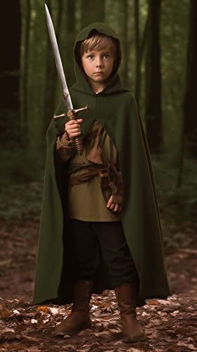 VZQI Green Renaissance Costume for Boys Kids Medieval Cloak With Hood Halloween Ranger Wizard Elven Hooded Cape Robe M - Image 5