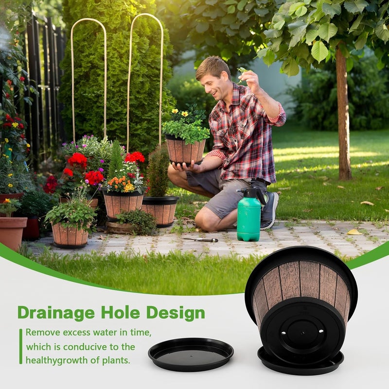 Quarut 4 Pack 8 inch Plant Pot,Upgrade Whiskey Barrel Planters with Drainage Holes & Saucer,Plastic Decoration Flower Pots Retro Design,Planters for Outdoor Indoor Garden Home Plants (Brown) - Image 4