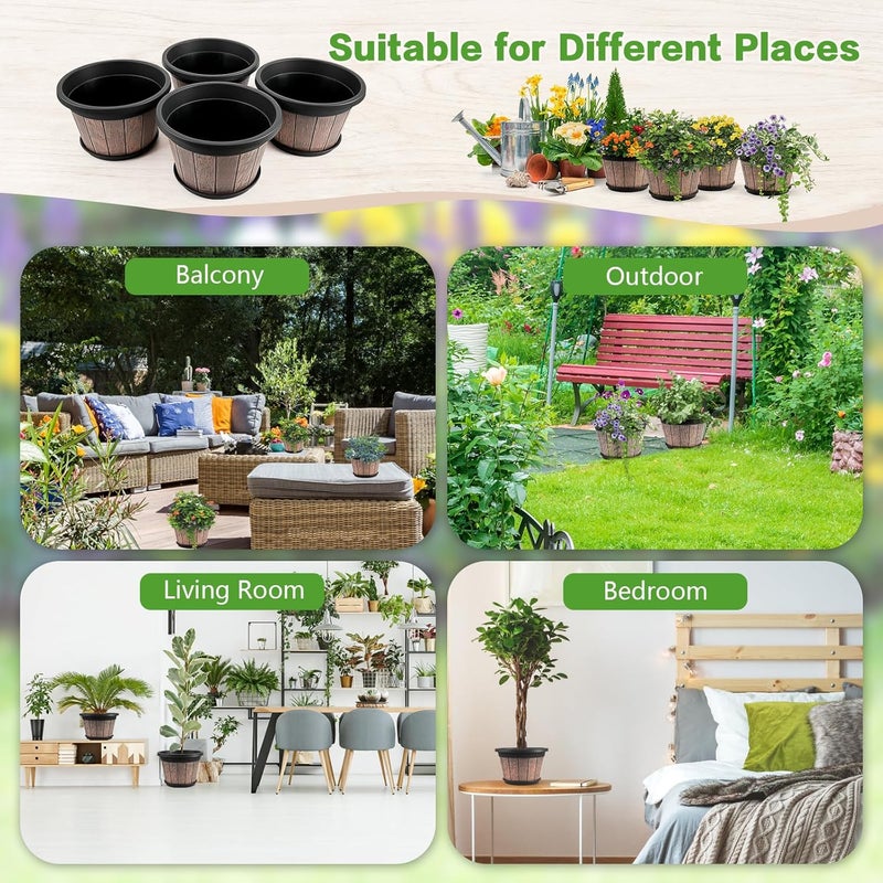 Quarut 4 Pack 8 inch Plant Pot,Upgrade Whiskey Barrel Planters with Drainage Holes & Saucer,Plastic Decoration Flower Pots Retro Design,Planters for Outdoor Indoor Garden Home Plants (Brown) - Image 3