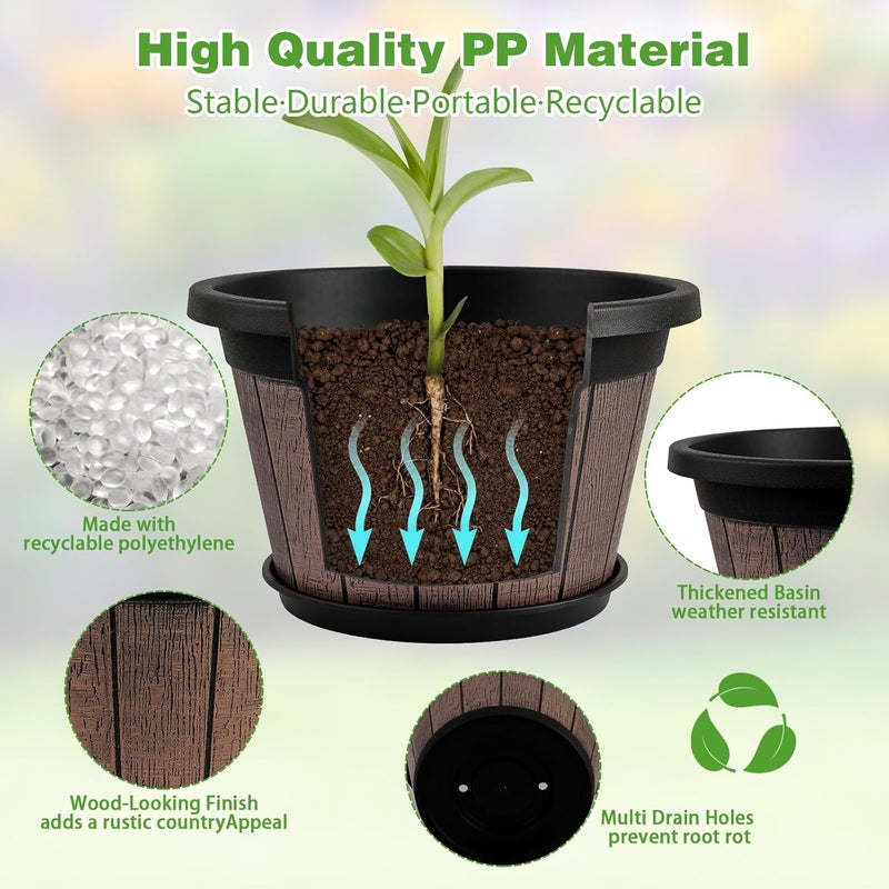 Quarut 4 Pack 8 inch Plant Pot,Upgrade Whiskey Barrel Planters with Drainage Holes & Saucer,Plastic Decoration Flower Pots Retro Design,Planters for Outdoor Indoor Garden Home Plants (Brown) - Image 2