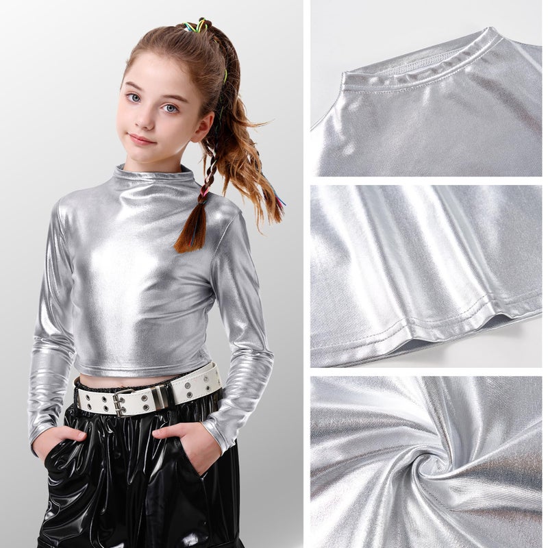 LOLANTA Dance Crop Top for Girls Metallic Long Sleeve Solid Shiny Party Halloween Costumes (Silver, 9-10 Years) - Image 2