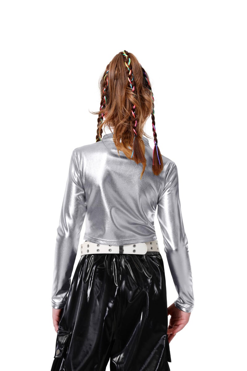 LOLANTA Dance Crop Top for Girls Metallic Long Sleeve Solid Shiny Party Halloween Costumes (Silver, 9-10 Years) - Image 4
