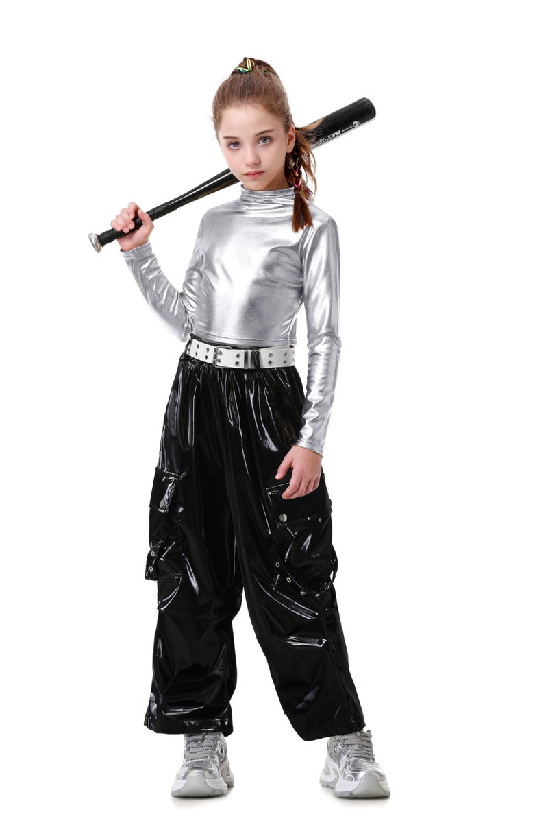 LOLANTA Dance Crop Top for Girls Metallic Long Sleeve Solid Shiny Party Halloween Costumes (Silver, 9-10 Years) - Image 5
